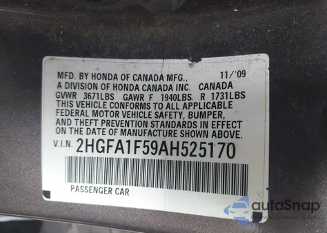 2010 Honda Civic Lx z USA, uszkodzony, nr VIN 2HGFA1F59AH525170